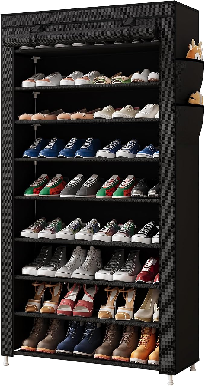 Laiensia 9-Tier Vertical Shoe Rack Organizer, Space Saving Shoe Storage Organizer, Non-Woven Cover Shoe Shelf Holds 36-45 Pairs for Bedroom, Hallway, Closet Entryway, Black