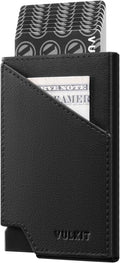 VULKIT Pop up Card Wallet Top-Grain Genuine Leather RFID Blocking Slim Aluminum Metal Bank Card Holder Case with Business Money Pocket for Credit Cards Notes and Coins Black