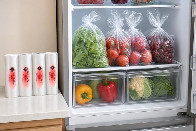 Mr Miracle Plastic Produce Bags for Food Storage - 12"x20" Clear Grocery Bag for Fruits, Vegetables, Bread - Easy Peel-Off Design, Continuous Roll, 1.75" Core, Pack of 1440 Bags [4 rolls]