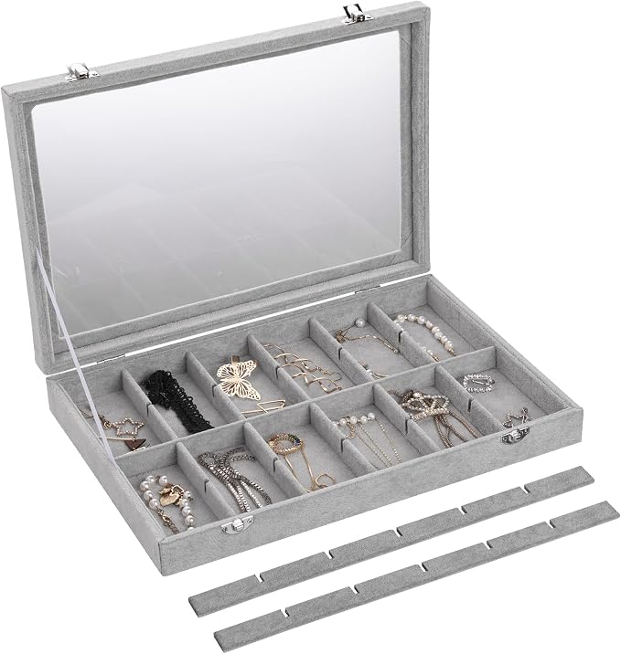 Frebeauty 24 Grid Earring Organizer,Velvet Jewelry Tray with Clear Lid | Drawer Jewelry Organizer for Rings Studs Brooch,Adjustable Divider,Dustproof Design,Earring Storage,Trinket Box,13.8×9.5Inch