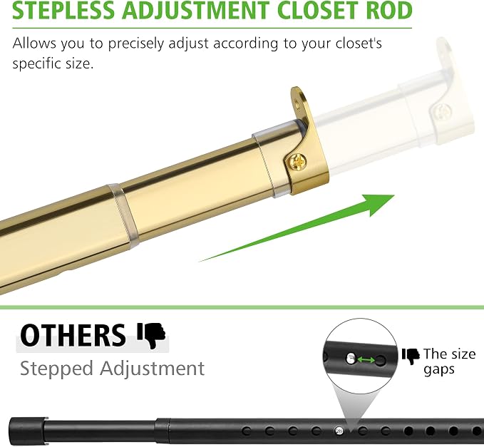 Oval Closet Rod for Hanging Clothes 18.2 to 31 Inch, Includes End Supports, Adjustable Wardrobe Tube, Heavy Duty Extendable Closet Pole, Carbon Steel, Gold