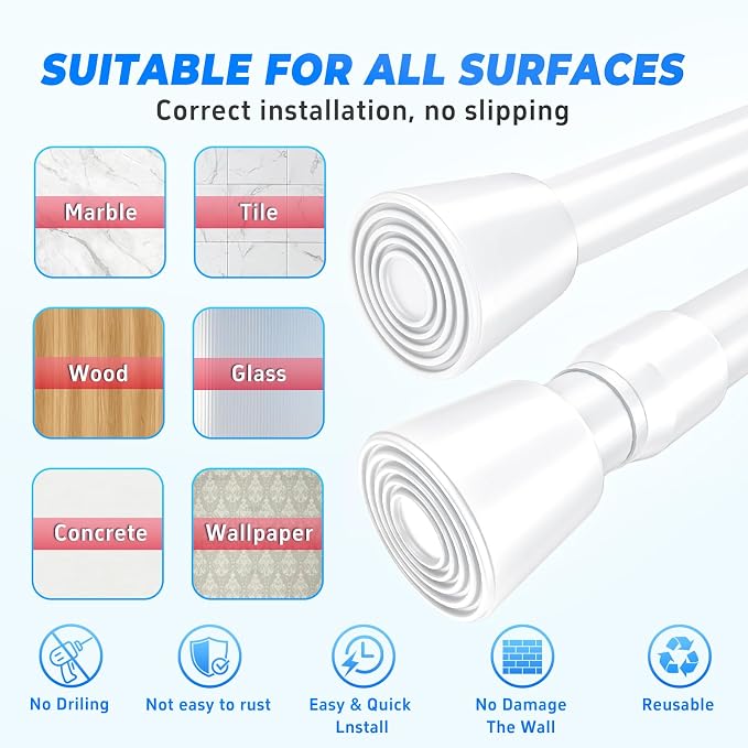 2 Pack White Tension Rods, 33"-59" Adjustable Shower Curtain Rods, Heavy Duty No Drilling Rod, 11lbs Max Load, 1.2" End Cap, 19/22mm Tube, Metal, for Bathroom, Window, Bedroom, Doorway, Closet