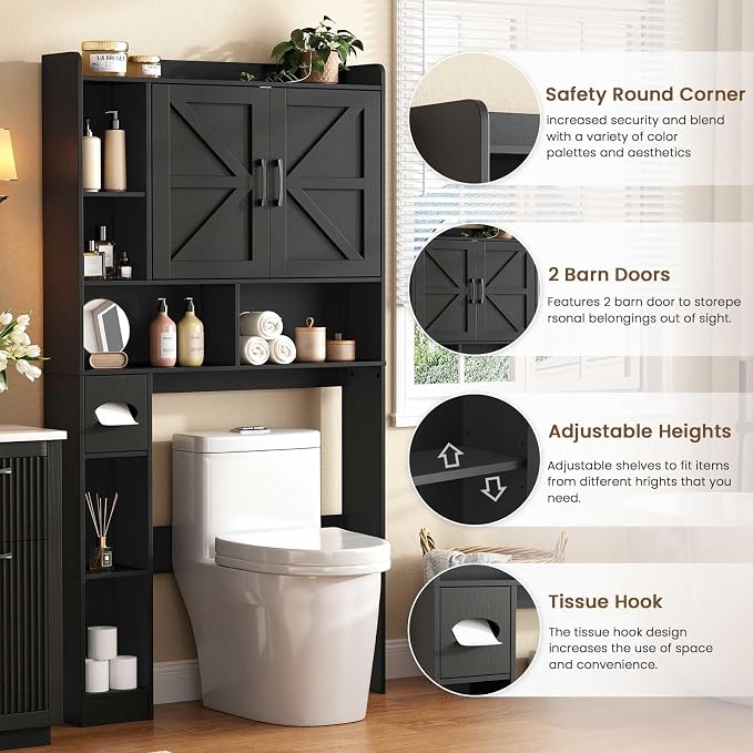 Vabches Over The Toilet Storage Cabinet with 2 Barn Doors, Black | Farmhouse Storage Cabinet with Toilet Paper Holder Stand，Home Space-Saving Toilet Rack, for Bathroom, Restroom, Laundry
