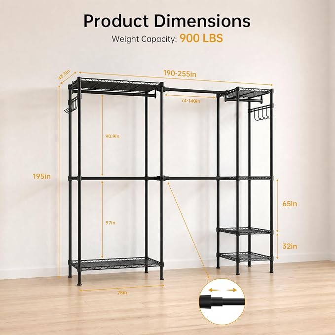 Kryonix 900lbs Expandable Garment Rack - Black | Adjustable 70"-88.2" wide with 5 rods & 6 shelves. 900lbs cap. Freestanding metal closet organizer for bedroom laundry.
