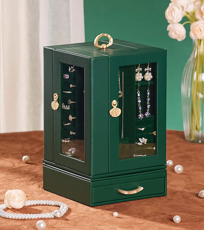 Enthralite Luxury Jewelry Box for Women: 360° Rotating with Clear Window | Compact Jewelry Storage with Drawer - Necklace Ring Organizer with Compartments - Elegant Earring Holder Display Great Gift