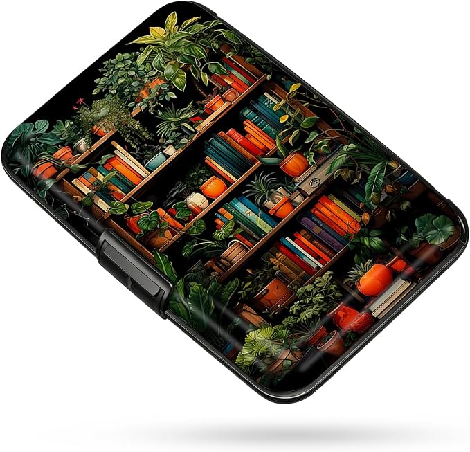 Credit Card Holder Bookshelf Botanical Mini Aluminum Wallet | Women Men, Slim Design, RFID Blocking, Metal Business ID Case