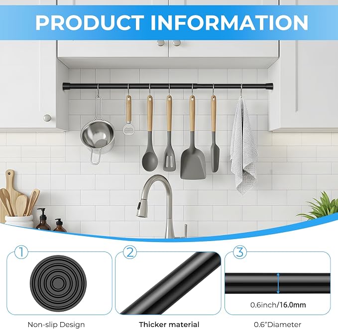 2 Pack Spring Loaded Tension Rod 17-41" Adjustable Curtain Rods No Drill Extendable Spring Rod Tension Curtain Rods For Window Kitchen Shelves Rv Refrigerator And Small Spaces,Black