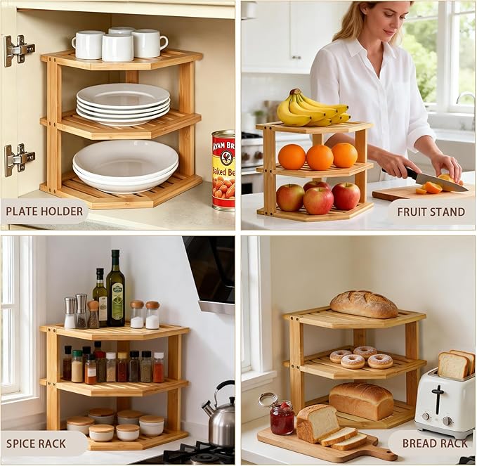 Bamboo Plate Organizer Set, 3 Tier Corner Shelf & Vertical Plate Rack,2 Set | Kitchen Cabinet Shelf,RV Countertop Dish Drying Rack,Cupboard Organizer for Plates,Bowls,Mugs,Cups,Lids,Cutting Boards