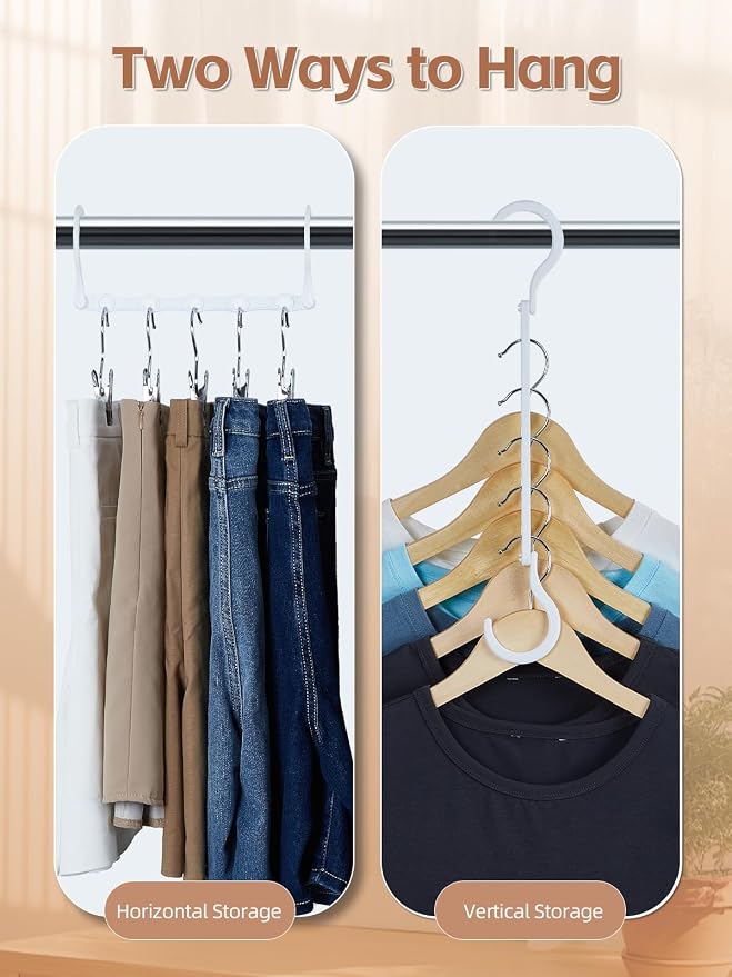 HOUSE DAY Space Saving Hangers 8 Pack, Closet Organizers and Storage | College Dorm Room Essentials with 5 Holes, Multi Hangers in One Magic Multipurpose Hangers Cascading and Sturdy - White