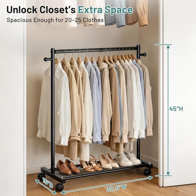 AOODA Short Clothing Rack for Hanging Clothes, Metal Small Clothes racks With Shelves, Heavy Duty Rolling Garment Racks on Wheels for Closet, Wardrobe (Black)