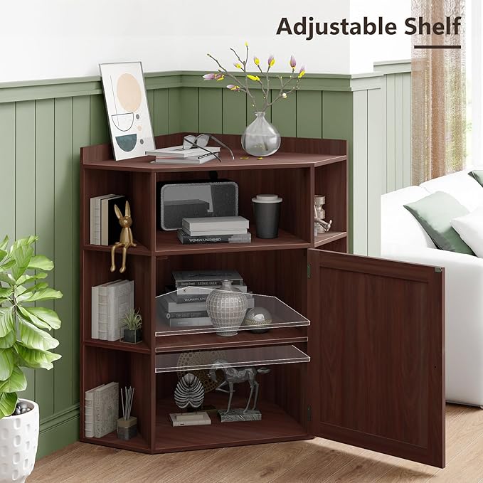 Corner Cabinet, Corner Storage Shelf with USB Ports and Outlets Industrial Organizer for Small Space Wooden 6-Cubby Bookshelf for Study, Playroom, Living Room (Dark Brown)