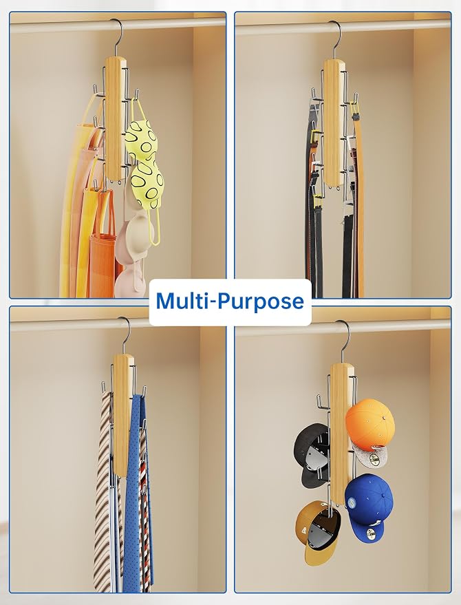 NiHome Wooden Purse Organizer for Closet, 8 Extra-Wide Metal Hooks Handbag Hanger, Space-Saving Hanging Bag Holder & Purse Rack for Closet Organization (Natural, 2 Pack)