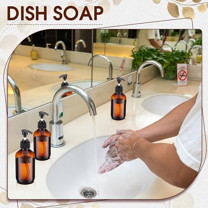 Uiifan 16 Pcs 8.5 oz Amber Foaming Soap Dispenser Refillable Foam Pump Bottle Liquid Plastic Container for Kitchen Bathroom Commercial Concentrated or Regular Shampoo Body Wash Dish Liquid Soap