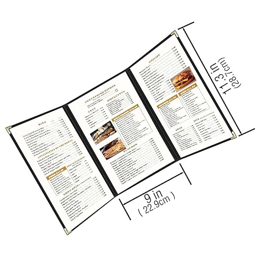 Goodsmart Restaurant Menu Covers – 25 Pack Black 6-View Trifold 8.5" x 11", Side-Loading Vinyl & Plastic Menu Holders, Clear Menu Sleeves, Leather-Style Café Covers with Gold Corners
