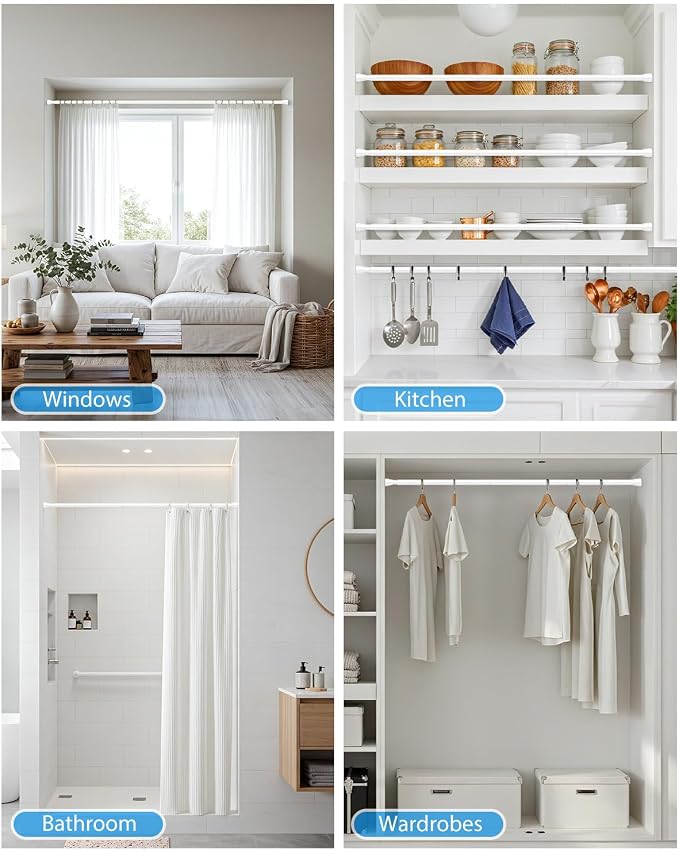 Spring Tension Curtain Rod 30 to 64 Inch, Adjustable Curtain Rods No Drilling Spring Loaded Curtain Rods for Windows Doors Kitchen Closet, White