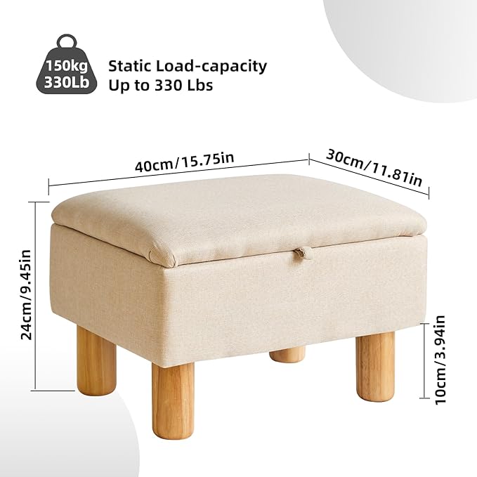Aibiju Ottoman with Storage, Small Foot Rest for Couch 16x12x9.5inch, Safety Hinge Flip Top Foot Stool Ottoman Load up to 330lb for Living Room Dorm Beige YD-JD1361