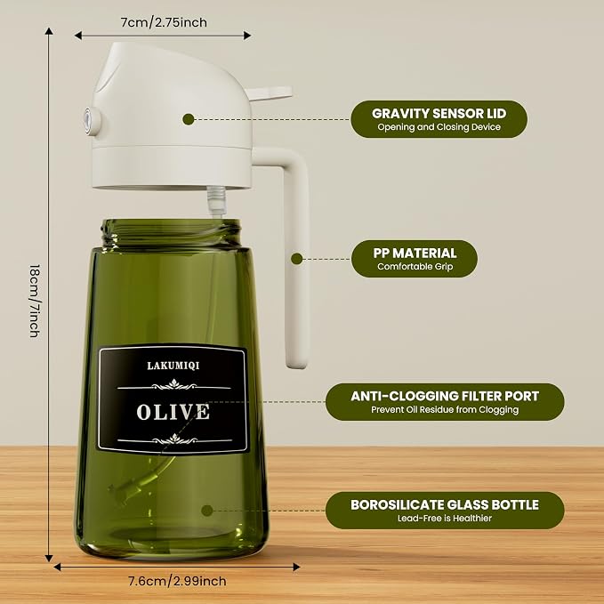 Oliver Oil Sprayer Dispenser for Cooking Bottle 16oz Green Glass White | 2-in-1 Lightproof Borosilicate Glass Oil Bottle, Wide Mouth for Easy Refill Clean