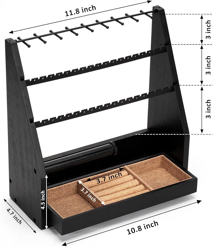 DGWJSU Earring Organizer, 5 Layer Earring Holder Organizer with Necklace Holder, Rustic Wood Jewelry Organizer Stand Display for Stud Earring Bracelet Necklace Ring, Watches