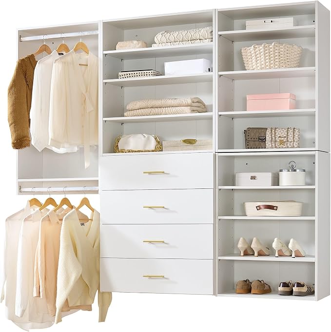 76.5" Closet System, White MDF Walk-In Closet Organizer with Double Hanging Rods, 3 Shelf Towers, 4 Drawers, Wall-Mounted Wardrobe Storage for Bedroom, Dressing Room and Laundry Room