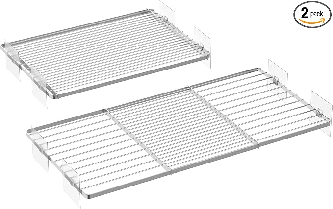 Closet Tension Shelves Organizer Expandable Cabinet Storage Shelving Rack Wire Metal DIY Divider Separator for Cabinet Wardrobe Cupboard Pantry Kitchen Bedroom, 2packs