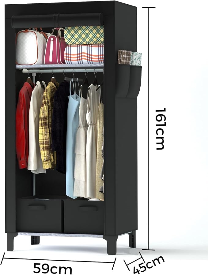 Portable Closet Wardrobe Closet for Hanging Clothes with 3 Hanging Rods for Bedroom, Non-Woven Fabric Clothes Closet for Living Room Easy Assemble (Black, 2 Columns, 23.2 inch Width)