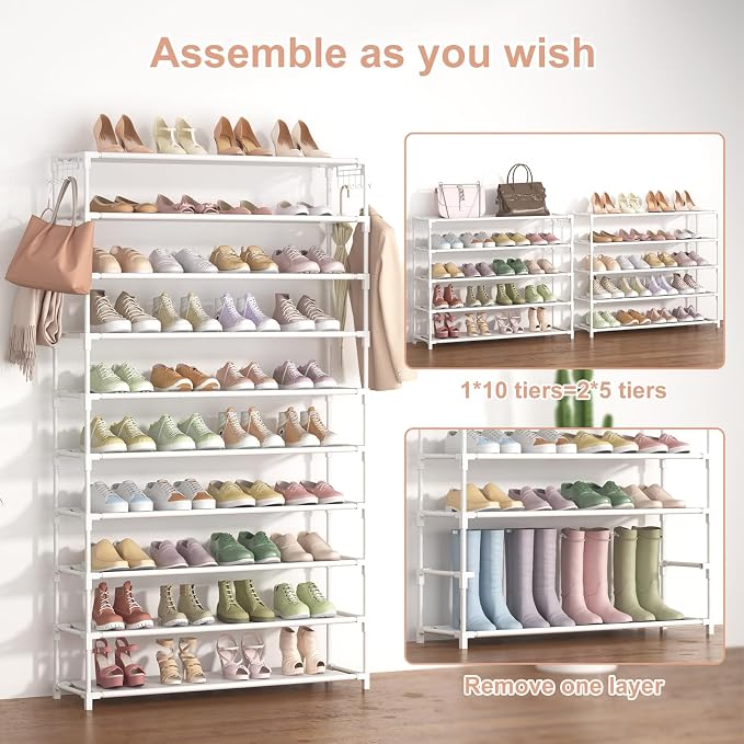 LANTEFUL 10 Tiers Shoe Rack 50 Pairs Large Capacity Tall Shoe Organizer Sturdy Shoe Storage with Two Hooks Space Saving Metal Wide Shoe Rack for Closet, Entryway, Bedroom, White