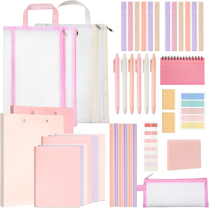 Colarr 54 Pcs Cute Notebook Stationery Set for Women, Bible Study Supplies, 6 Lined Notebooks, 36 Pens, Sticky Notes & Tabs, Bags & Folders for Work Journal Study College Office Supply(Pink)