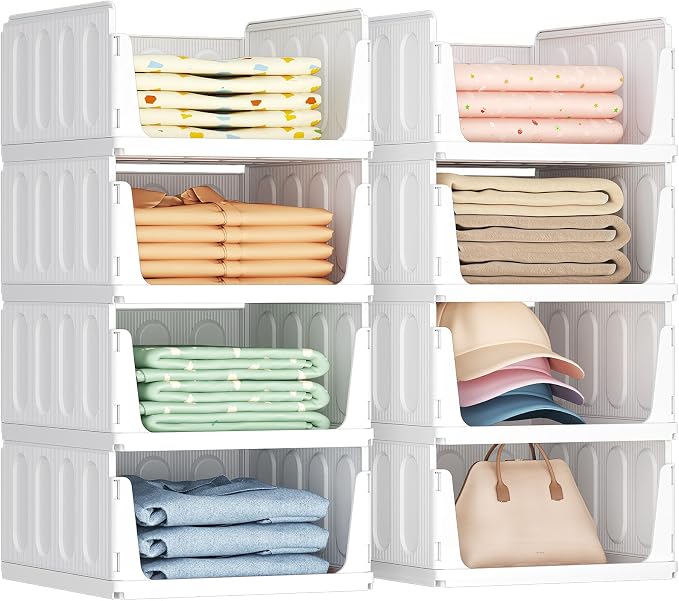 Lifewit 8 Pack Stackable Closet Storage Organizers for Clothes 14" Depth | Plastic Stacking Sweater Storage basket Bins for Wardrobe, Multifunctional Pants Organizer for RV, Pantry, Kitchen, Dorm