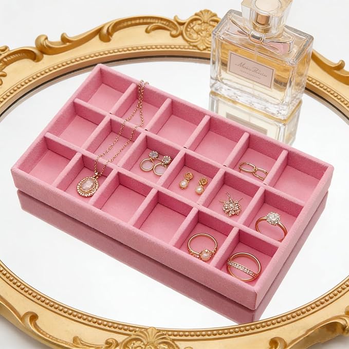 Velvet Jewelry Organizer Trays Pink Stackable Jewelry Storage Display Tray with Removable Dividers, 18 Grids