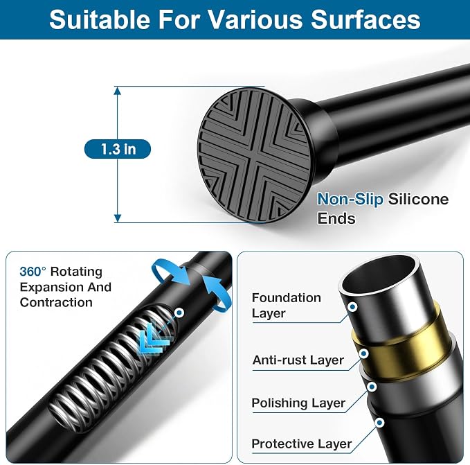 1Pack Tension Rods 31-76 Inch, Spring Loaded Curtain Rods Non-slip, Expandable Curtain Rod Tension No Drilling, Curtain Tension Rod For Window, Doorway, Kitchen, Tension Curtain Rod Black