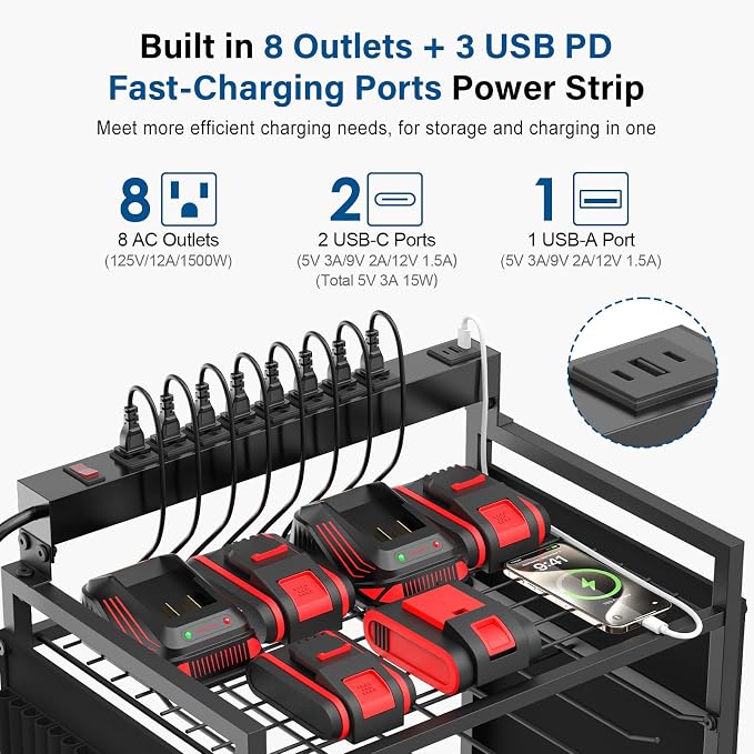 JUNNUJ Garage Large Power Tool Organizer Cart with 8 Outlet 3 USB Charging Station, Floor Rolling Drill and Tools Battery Storage Cart on Wheels, Heavy Duty Utility Rack Shelf with Power Strip, Black