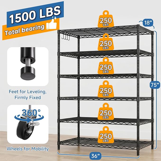 3Pack Wire Shelving 1500lbs 6 Tier Storage Shelves with Wheels NSF Certified Heavy Duty Steel Metal Shelf Adjustable Rolling Rack Kitchen Garage Closet Pantry Laundry 36''Wx18''Dx78''H