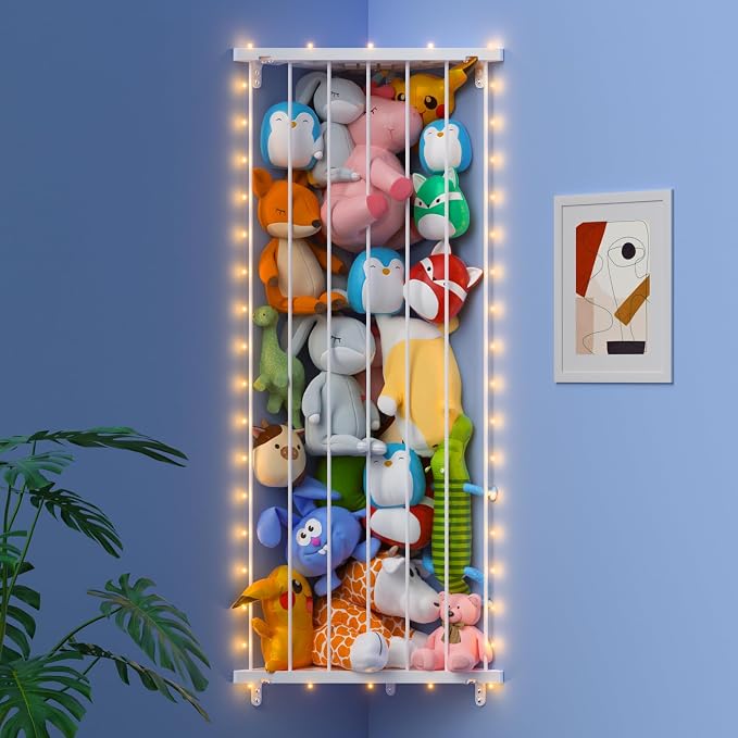 Stuffed Animal Storage Shelf Organizer(Patented) - Corner Stuffed Animal Holder Length Adjustable - Wall Plush Storage for Nursery Playroom Bedroom Kids Room (Milky White, Standard)