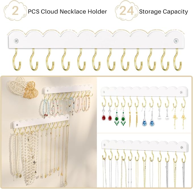 2 Pack Necklace Holder Organizer Wall Mount, Wooden Necklace Hanger Storage Hanging Jewelry Organizer with 12 Hooks for Necklaces, Bracelets, Rings and Bangles Display