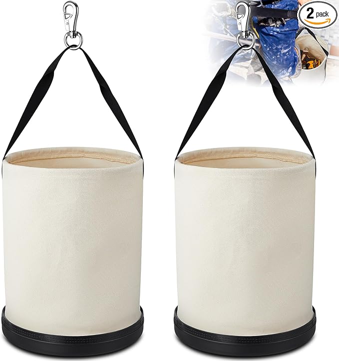 2 Pack Canvas Bucket 15" x 12" Heavy Duty Lineman Tool Bag with Plastic Bottom & Metal Hook Electrician Tool Organizer for Jobsite Use, Load Rated up to 150 Pounds (White)