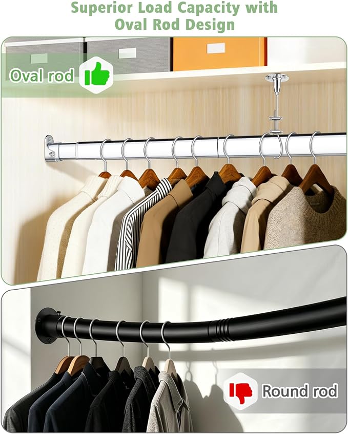 Premium Oval Closet Rod for Hanging Clothes 51"-70"- Heavy Duty, Length Adjustable, No-cut
