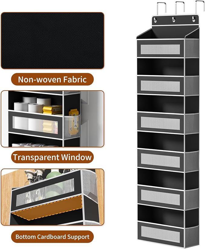 6-Tier Over The Door Organizer with 6 Large Pockets, Over the Door Storage 12 Side Pockets, Hanging Door Organzier 44 lb Load Behind Door Storage Hanging Shelf for Closet Wall Bathroom Nursery, Black
