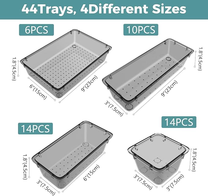 WOWBOX 44 PCS Clear Plastic Drawer Organizer Set, 4 Varied Size storage Bins and Desk Drawer Organizer tool Trays for Makeup, Gadgets, Jewelry and Utensils in Bathroom, Bedroom and Office, Clear Black