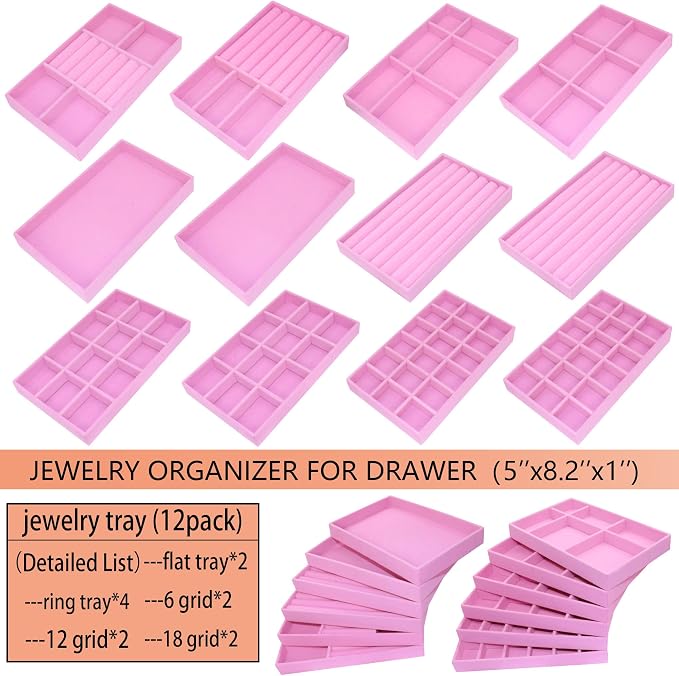 12 PCS Jewelry Trays Earriing Organizer Velvet Jewellry Drawer Box Stackable Jewelryy Dispaly Case for Rings Holder Necklace Bracelet Watch