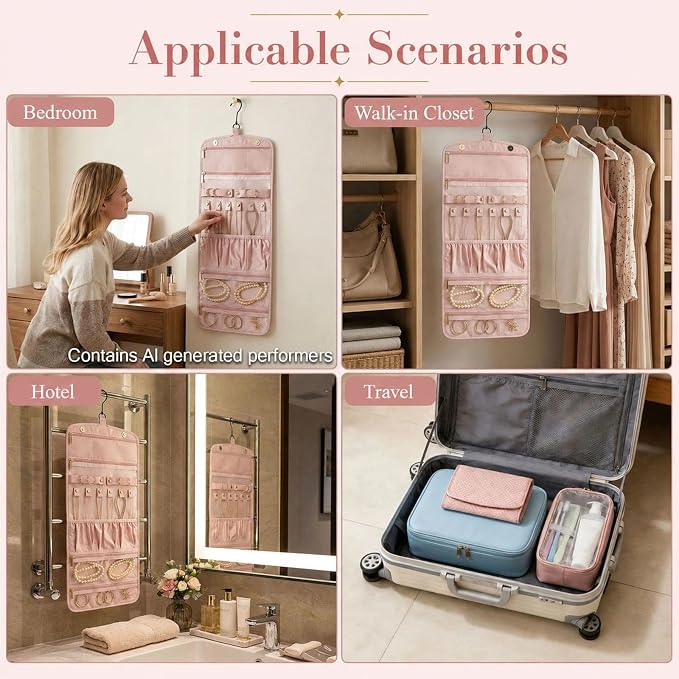 Double Sided Hanging Jewelry Organizer for Closet Door, Pink,Travel Closet | hanging jewelry organizer keeps earrings, rings, necklaces, and bracelets visible in a closet or travel bag.
