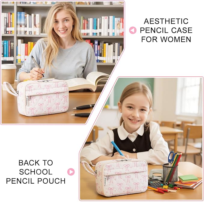 WOBAGMEN Quilted Pencil Pouch for Girls Women, Large Pencil Case Pouch with Compartments Cute Aesthetic Pencil Case Organizer, Floral Pencil Bag for School Supplies (Pink Bow)