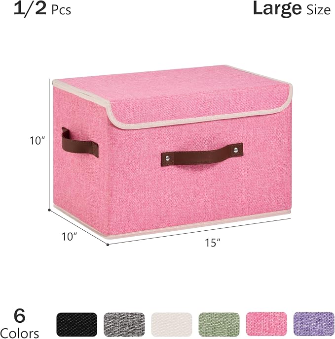 Storage Bins Box with Lids Decorative Cotton Linen Fabric Baskets Cubes with Handles PP Plastic Board Foldable Washable Lidded Clothing Shelf Closet Organizer Container (Pink, Large)