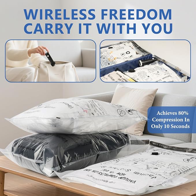 NESCCI Travel Vacuum Bags for Clothing with Rechargeable Wireless air Pump,15 Pack Compression Packing Bags for Luggage Suitcase,Carry-on Size Space Saver Vacuum Storage Bags