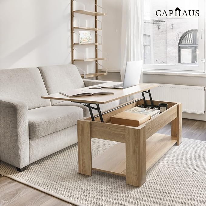 CAPHAUS Lift Top Coffee Table w/Storage, Storage Coffee Table w/Lift Top for Living Room, Rising Tabletop Coffee Table w/Hidden Compartment, Coffee Table w/Bottom Open Shelf, 41" Natural Oak