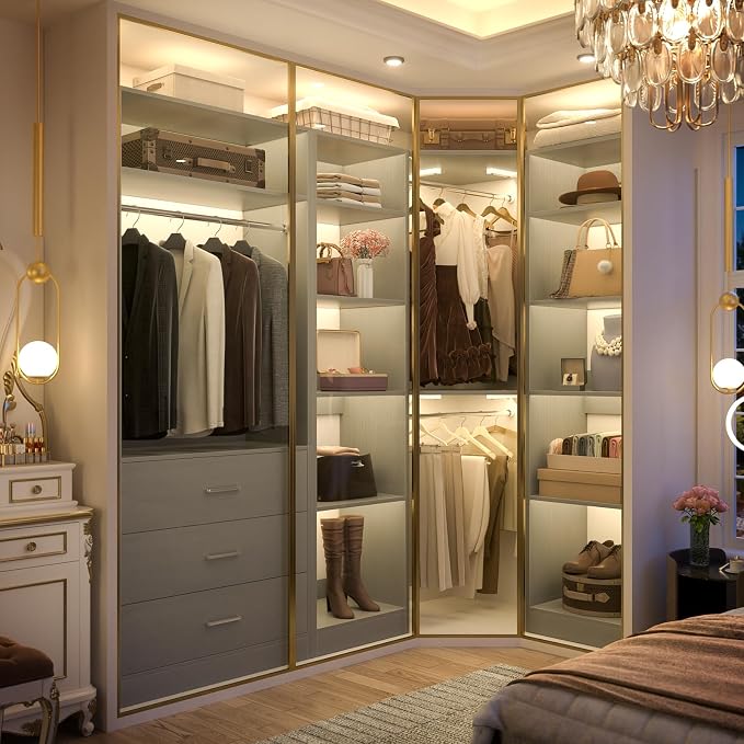 Besiost Corner Closet System with 3 Drawers, Corner Closet Organizer System with 13 Shelves & 3 Hanging Rods, 63.2"L * 39.2"W Reversible L Shaped Walk-in Closets, Load 2000+LBS, Grey