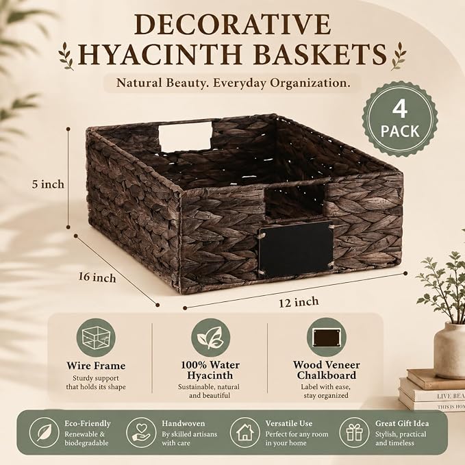 Nitial Wicker Storage Basket, Rectangular Water Hyacinth Storage Basket for Shelving, Foldable Woven Pantry Organizer with Chalkboard Label and Chalk Marker(16 x 12 x 5 Inch,Dark Brown)