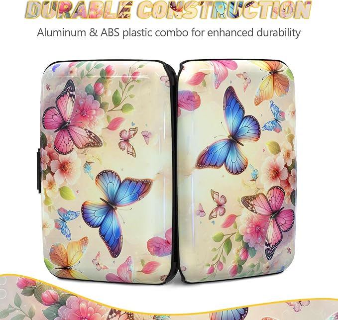 Credit Card Holder, Colorful Butterfly Mini RFID Small Aluminum Card Wallet | Blocking Slim Metal Business Card Case, RFID Blocking Front Pocket Wallet Hard Case Durable CC Holder for Women Girl