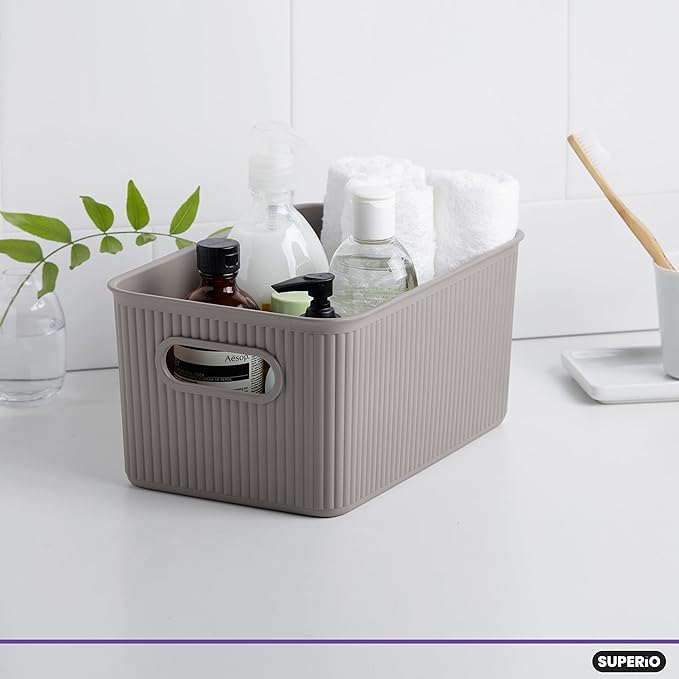 Superio Ribbed Collection - Decorative Plastic Basket Open Home Storage Bins Organizer, Medium Taupe (2 Pack) Container Boxes for Organizing Closet Storage Bins for Shelves Drawer Shelf 5 Liter