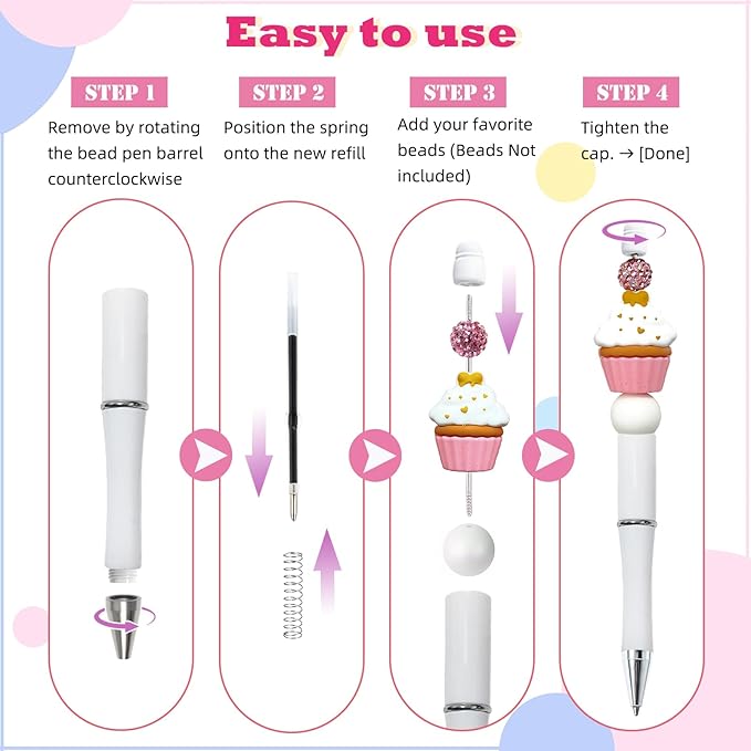105 Pcs Beadable Pens Bulk Kit, 35 Plastic Ballpoint Pens for Beads with Refills & Bags, DIY Pen Making Kit for Office and School, Craft Gifts for Students & Teachers, Beads Pen Supplies (White)