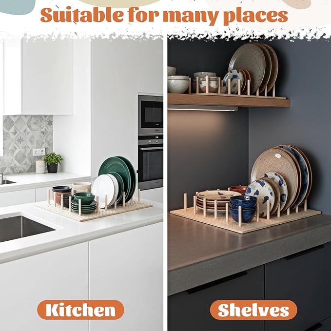 6 Pcs Wood Pegboard Drawer Organizer with 48 Pegs, 17.1 × 5.7 Inch Wooden Drawer Pegboard Organizer Adjustable Wood Peg Board Drawers Organizers for Kitchen, Plates, Cookware, Food Containers